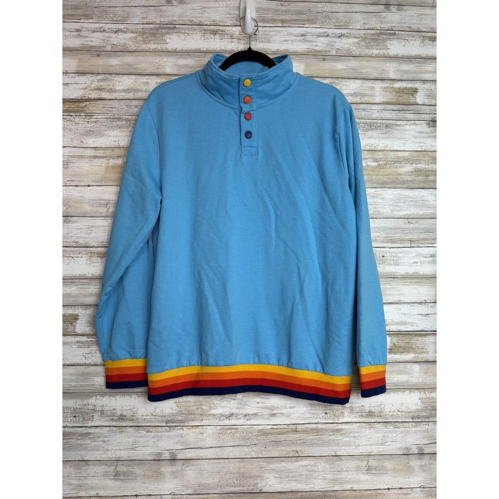 Aldi Quarter Snap Pullover Sweatshirt Unisex Medium Blue Rainbow Striped EUC